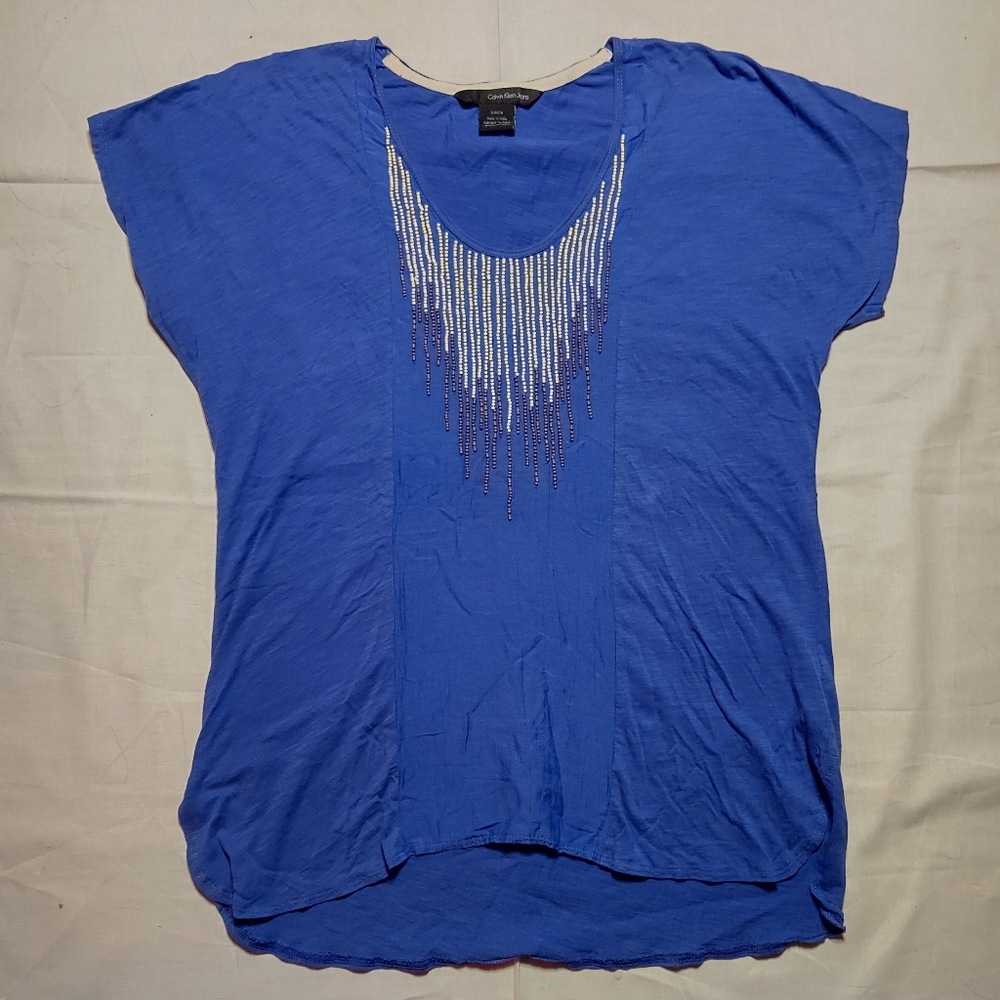 Calvin Klein Jeans Shirt Women's Small Blue Beaded Short Sleeve Round Neck Tee